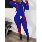 lovely Sportswear Hooded Collar Print Blue Two Pie