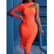 Lovely Sexy One Shoulder Fold Design Orange Knee L