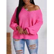 Lovely Casual V Neck Basic Loose Rose Red Sweater