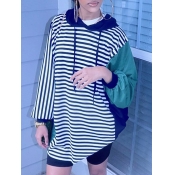 Lovely Casual Hooded Collar Striped Patchwork Blac