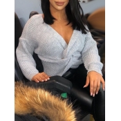 Lovely Stylish V Neck Knot Design Grey Sweater