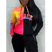 Lovely Casual Hooded Collar Print Patchwork Black 