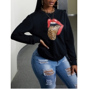 Lovely Casual O Neck Lip Print Black Hoodie