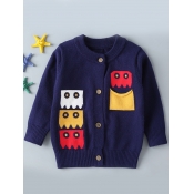Lovely Stylish O Neck Cartoon Print Dark Blue Boy 