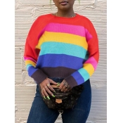 Lovely Leisure O Neck Rainbow Striped Multicolor S