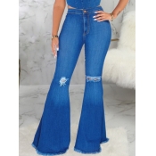Lovely Stylish Broken Holes Flared Blue Jeans