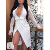 Lovely Sexy V Neck Lace Patchwork White Knee Lengt