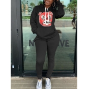 Lovely Casual Hooded Collar Cartoon Print Black Tw