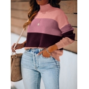 Lovely Casual Turtleneck Striped Patchwork Pink Sw