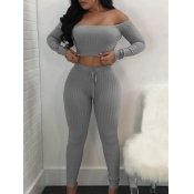 Lovely Sexy Dew Shoulder Striped Light Grey Two Pi