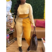 Lovely Casual O Neck Patchwork Yellow Two Piece Pa