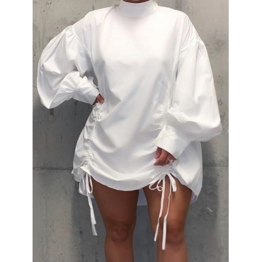 LW Plus Size Casual Half A Turtleneck Fold Design White Mini Dress