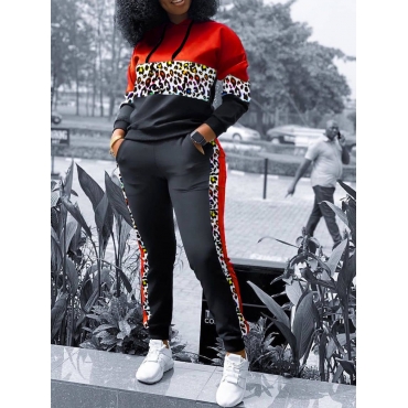 

LW Hooded Collar Print Patchwork Pants Set, Red