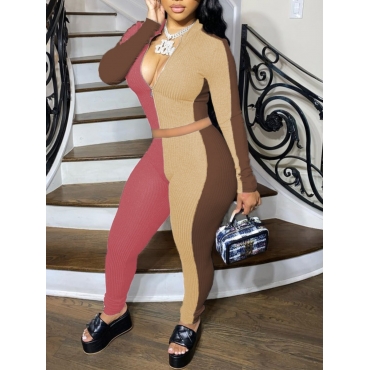 

LW Sportswear Patchwork Zipper Design Pink Two Piece Pants Set