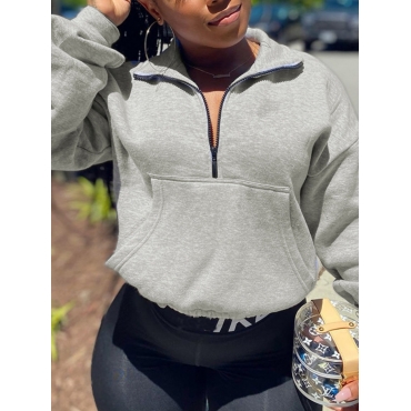

LW Street Turndown Collar Zipper Design Grey Hoodie
