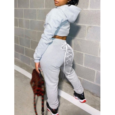

LW Plus Size Sportswear Hooded Collar Bandage Design Grey Two-piece Pants Set