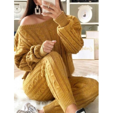 

LW Casual O Neck Striped Deep Yellow Two Piece Pants Set