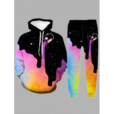 

LW Men Street Hooded Collar Starry Sky Print Multicolor Two-piece Pants Set, Multi