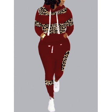 

LW Plus Size Hooded Collar Leopard Print Patchwork Tracksuit Set, Red