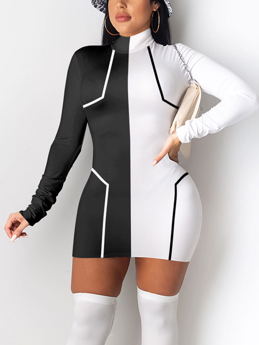 

LW Turtleneck Color-lump Patchwork Dress, Black