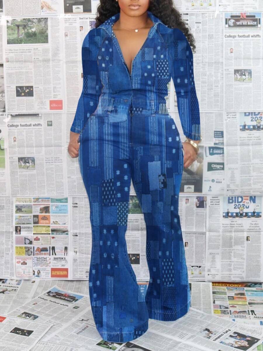 

Lovely Trendy Turndown Collar Print Skinny Blue One-piece Jumpsuit