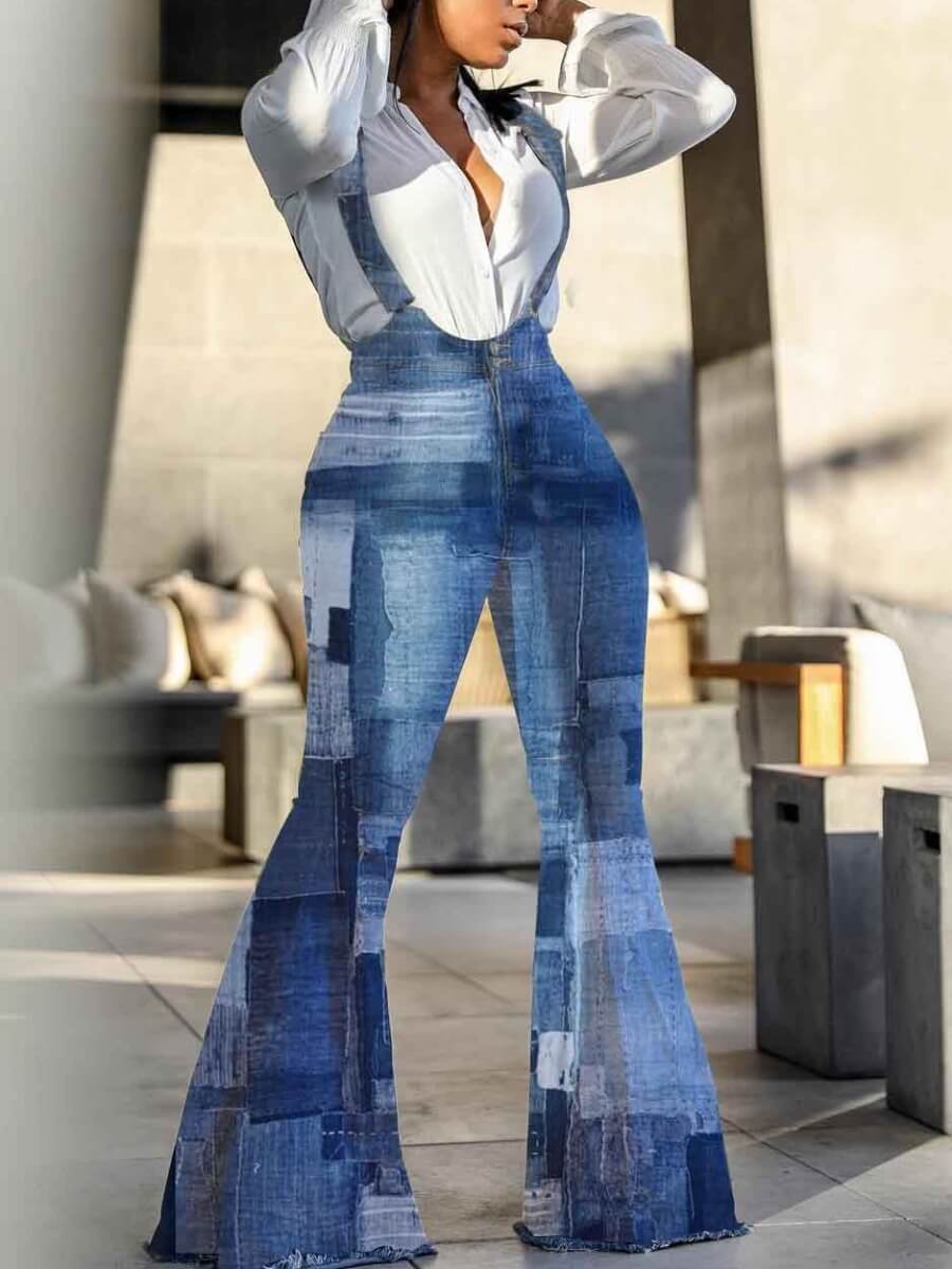 

LW BASICS Trendy Print Blue One-piece Jumpsuit