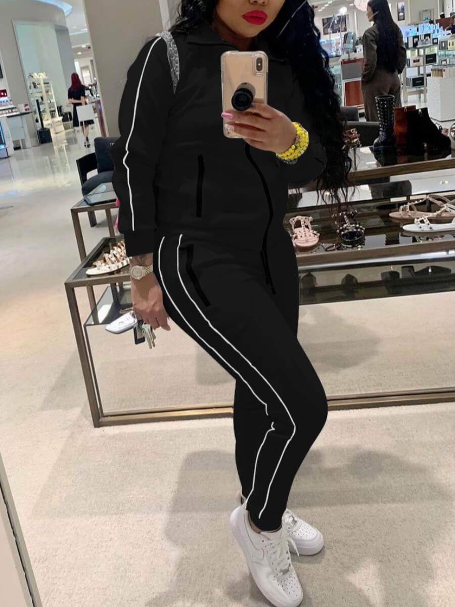 

Lovely Sportswear Turndown Collar Patchwork Black Two Piece Pants Set