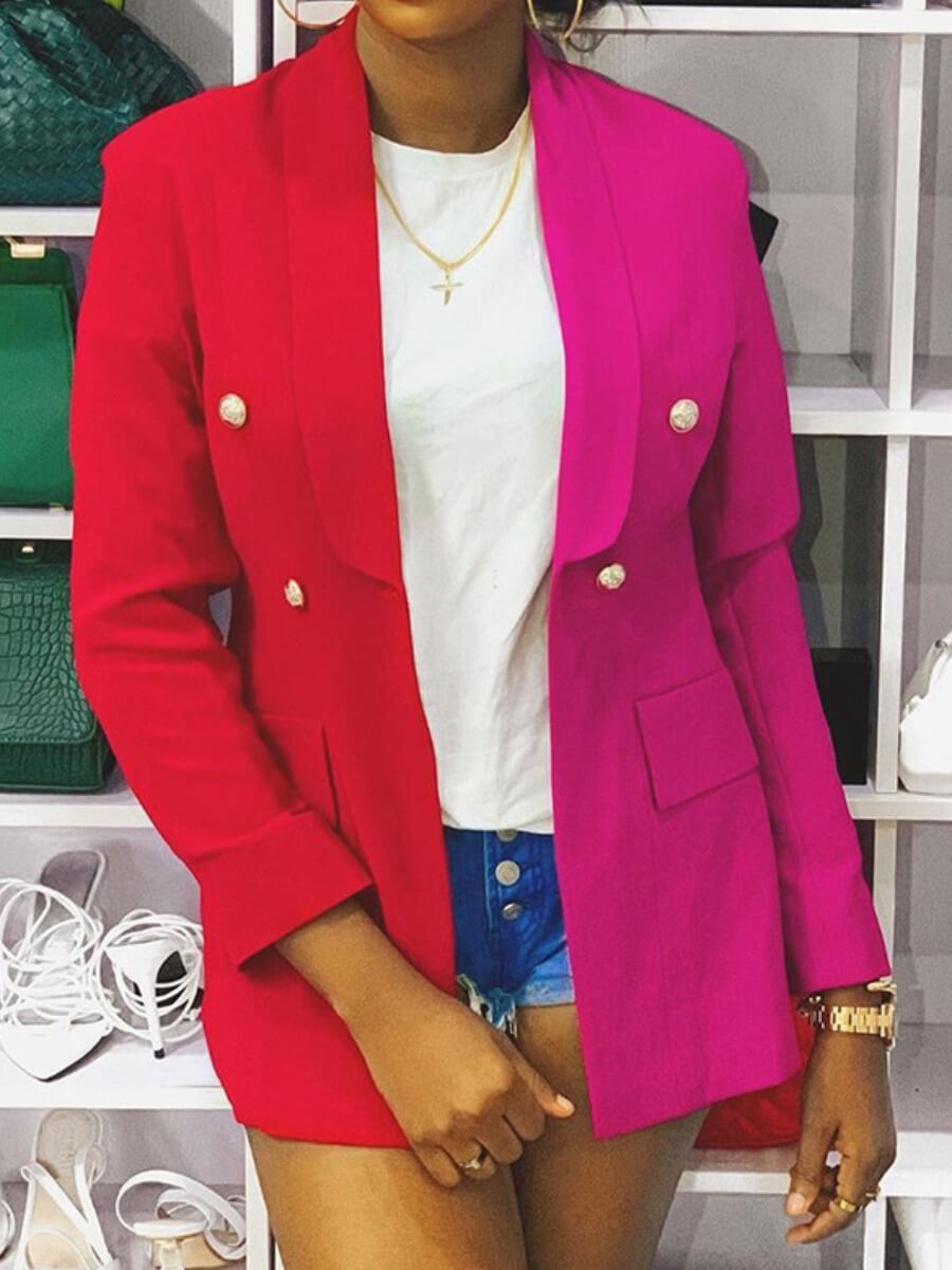 

Lovely Stylish Turn-back Collar Patchwork Buttons Design Red Blazer
