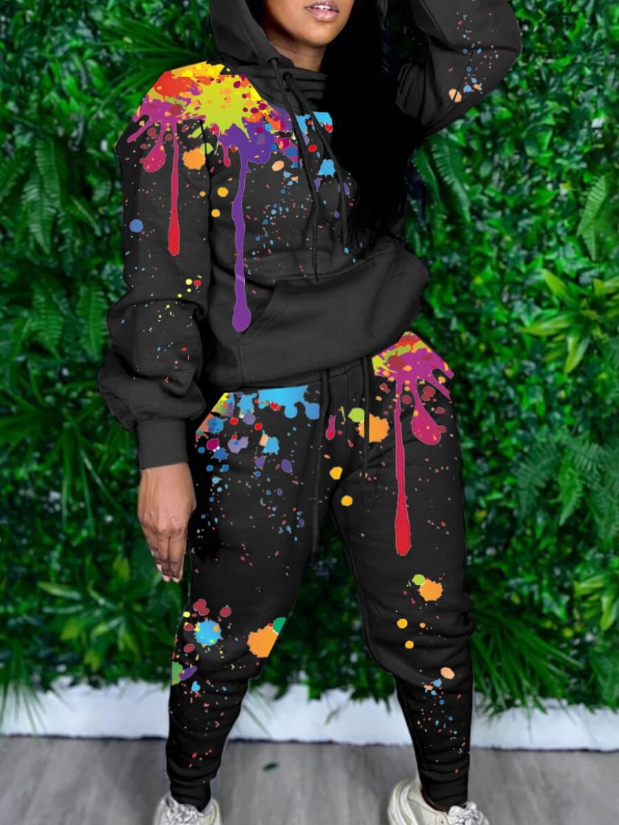 

Lovely Street Hooded Collar Print Black Two Piece Pants Set