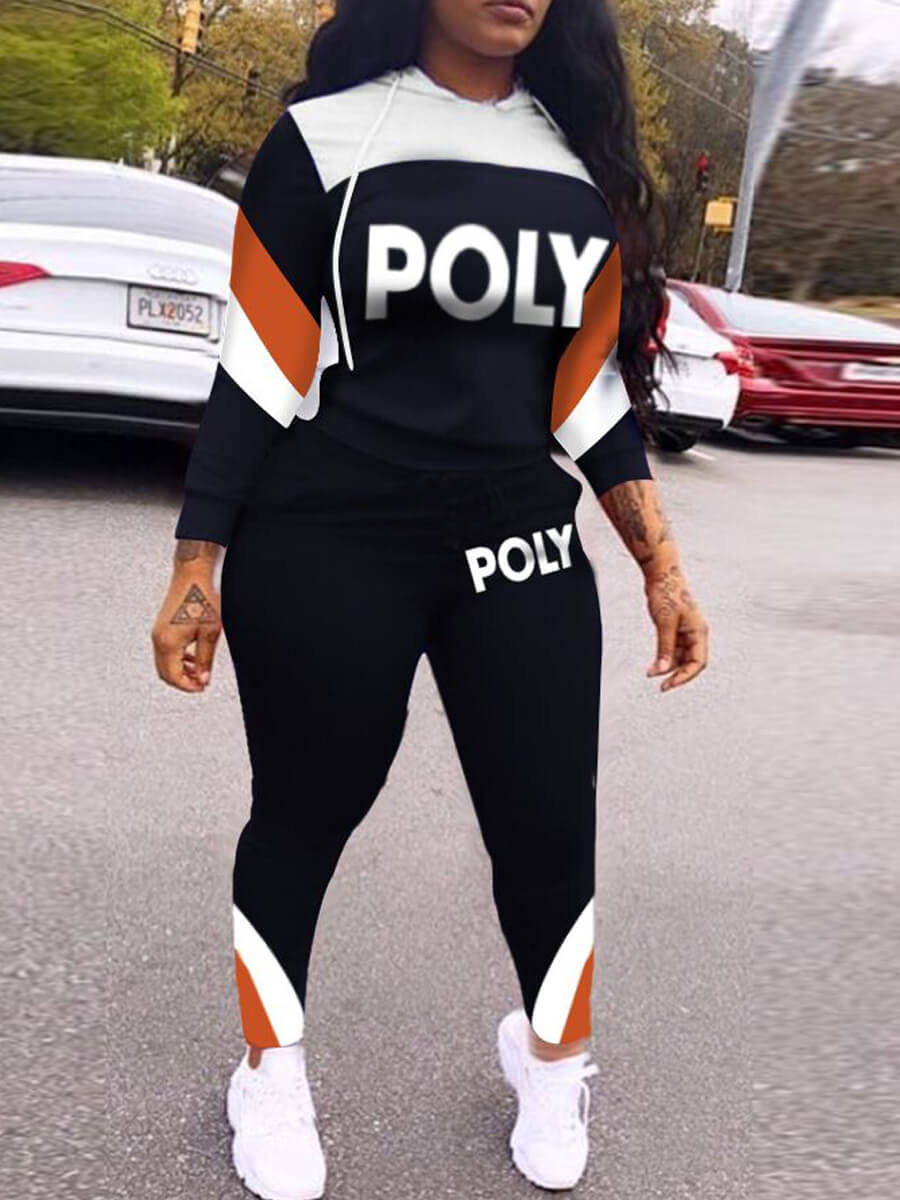 

Lovely Sportswear Hooded Collar Print Patchwork Black Two Piece Pants Set