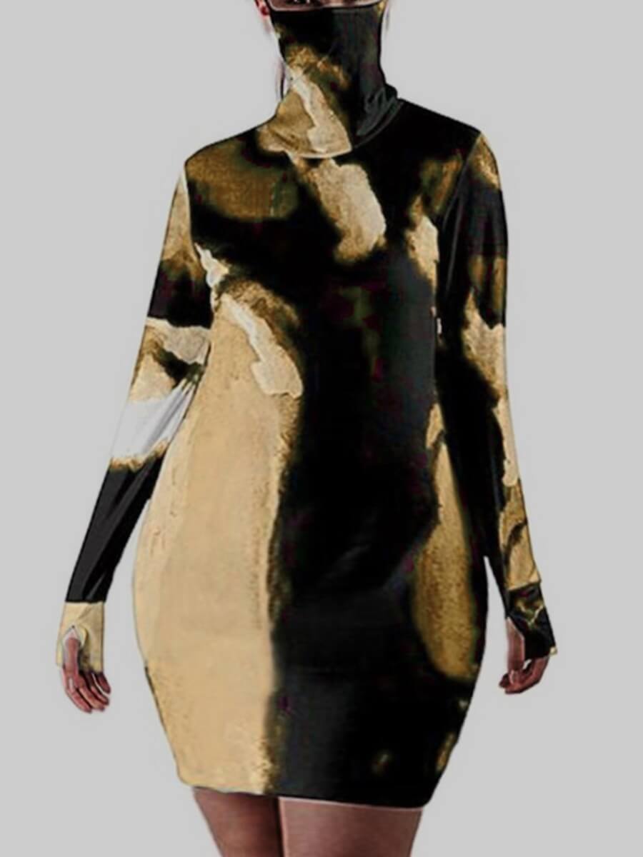 

Lovely Stylish Turtleneck Print Khaki Mini Plus Size Dress