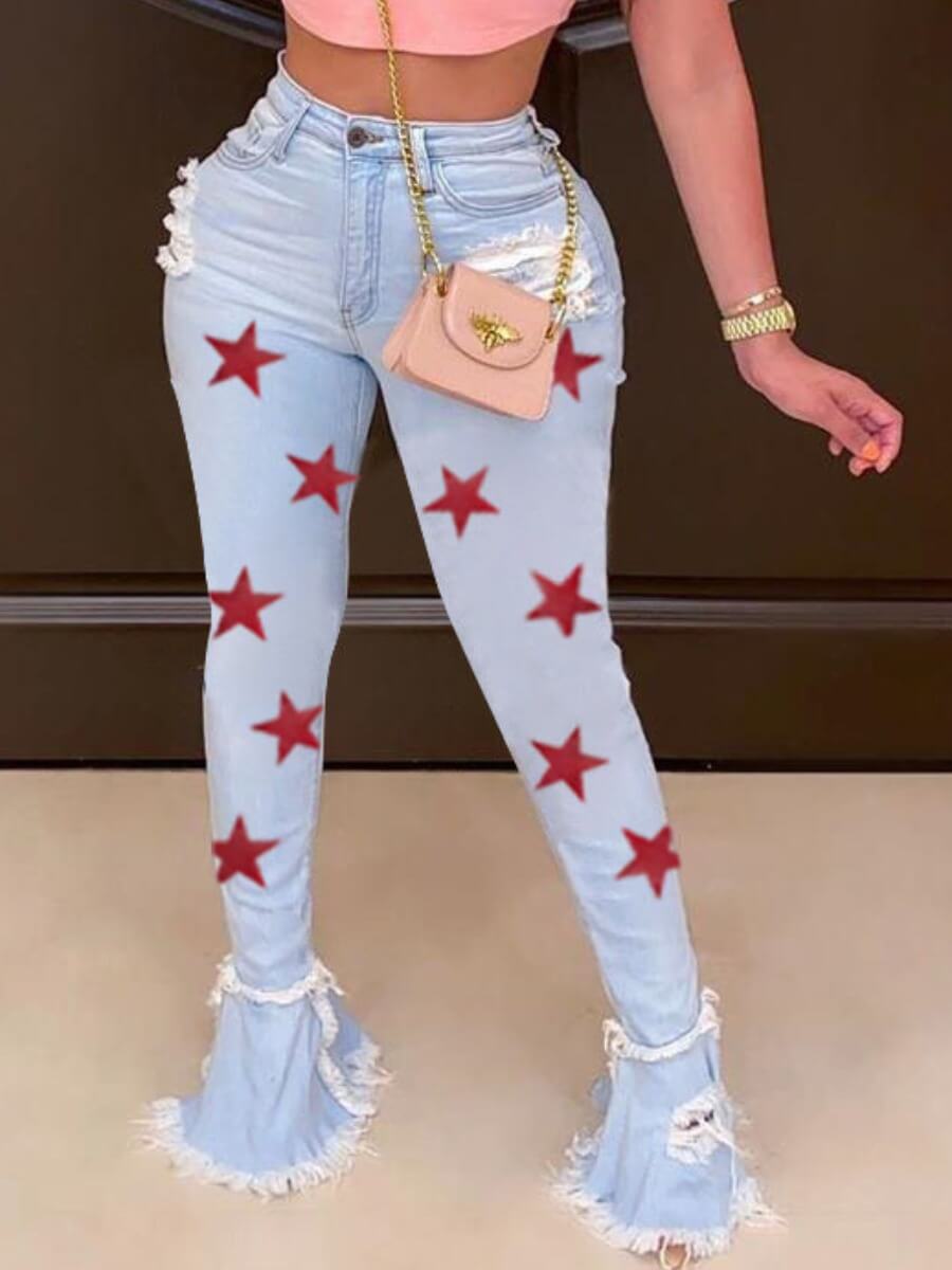 

Lovely Stylish Pentagram Print Broken Holes Red Jeans