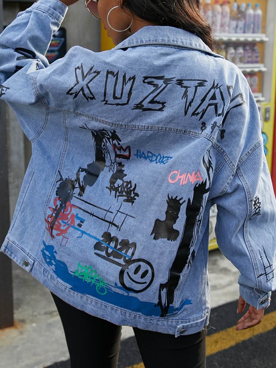 

Lovely Casual Turndown Collar Print Blue Denim Jacket