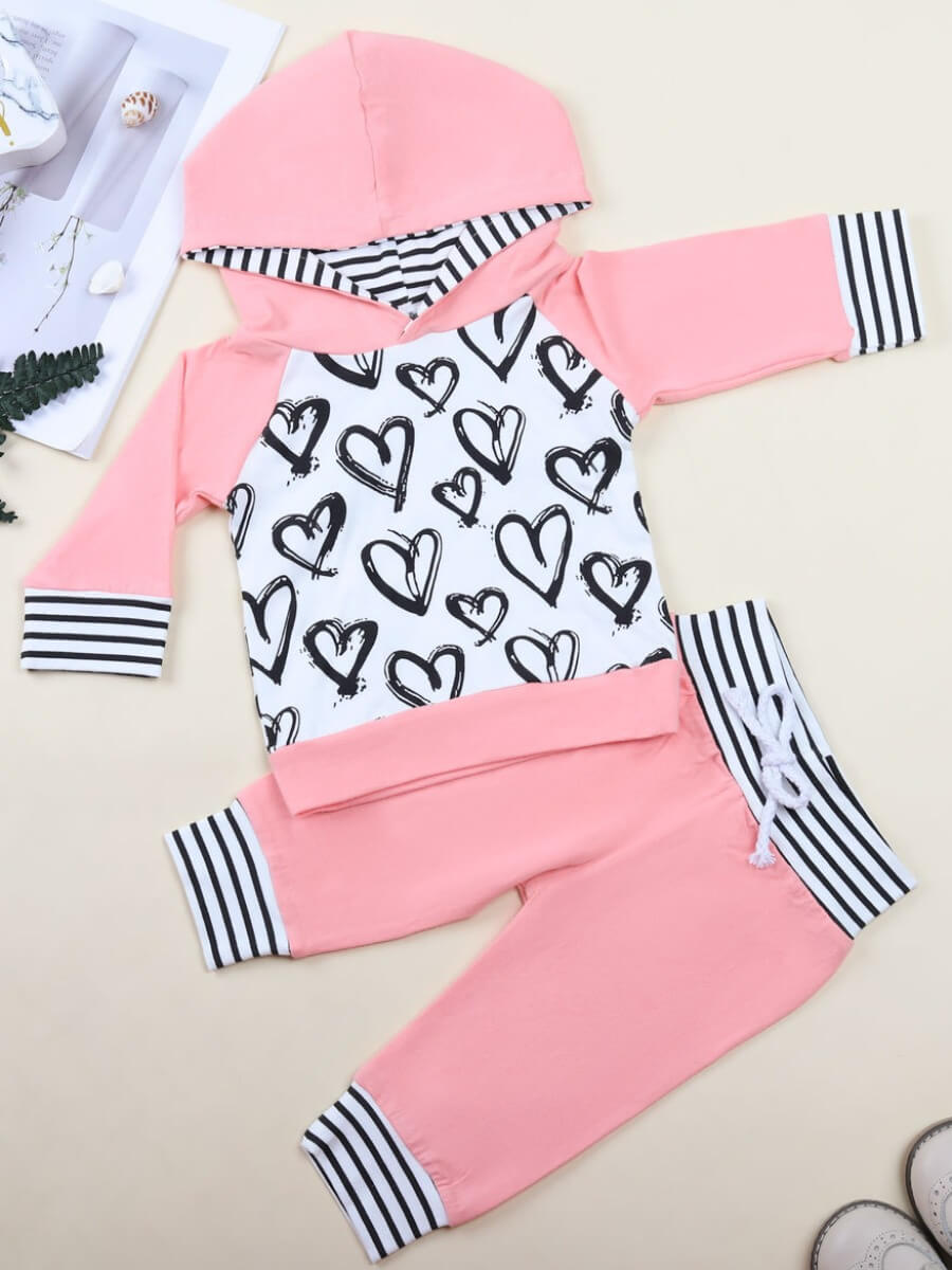 

Lovely Casual Hooded Collar Heart Print Patchwork Pink Girl Two-piece Pants Set