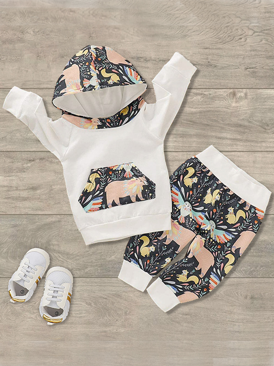 

lovely Casual Hooded Collar Print Patchwork White Boy Two-piece Pants Set