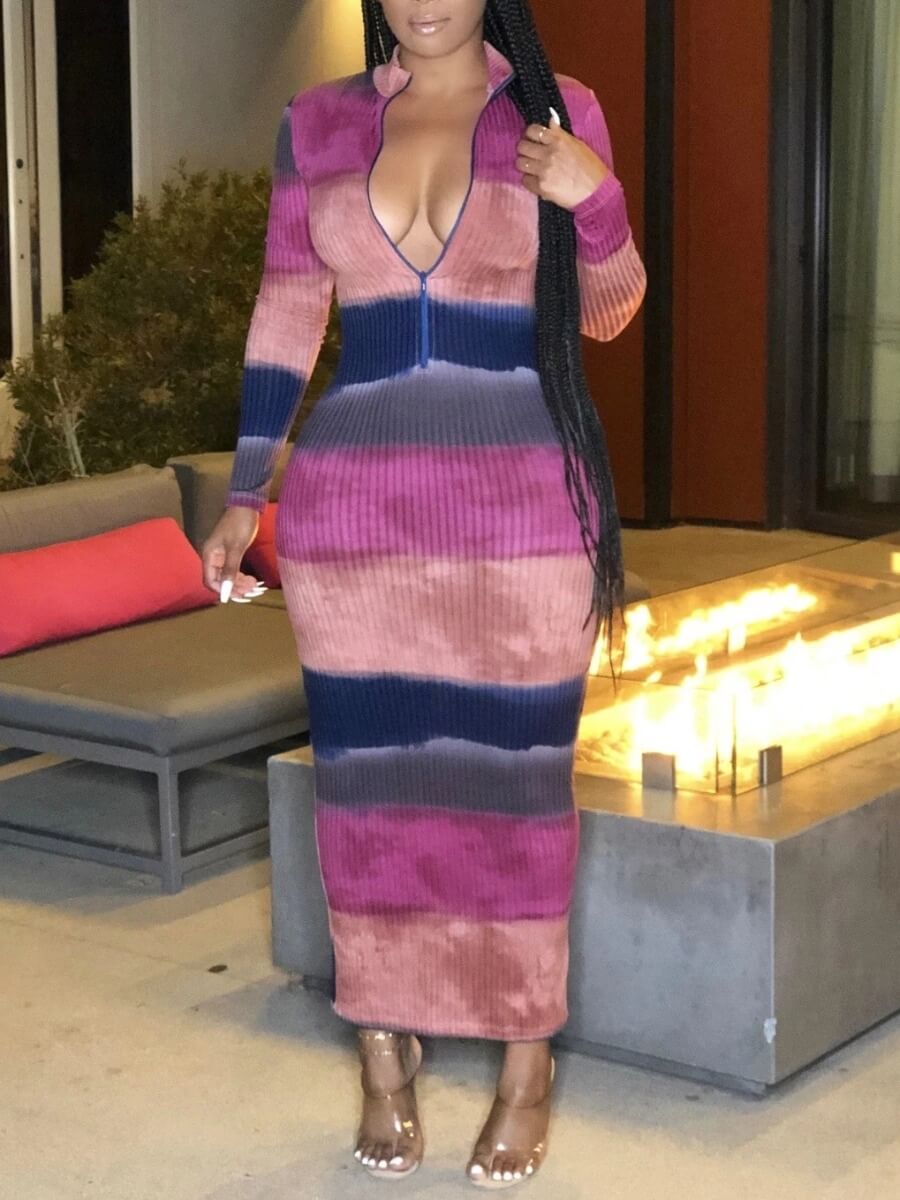 

Lovely Stylish Tie-dye Zipper Design Purple Ankle Length Dress