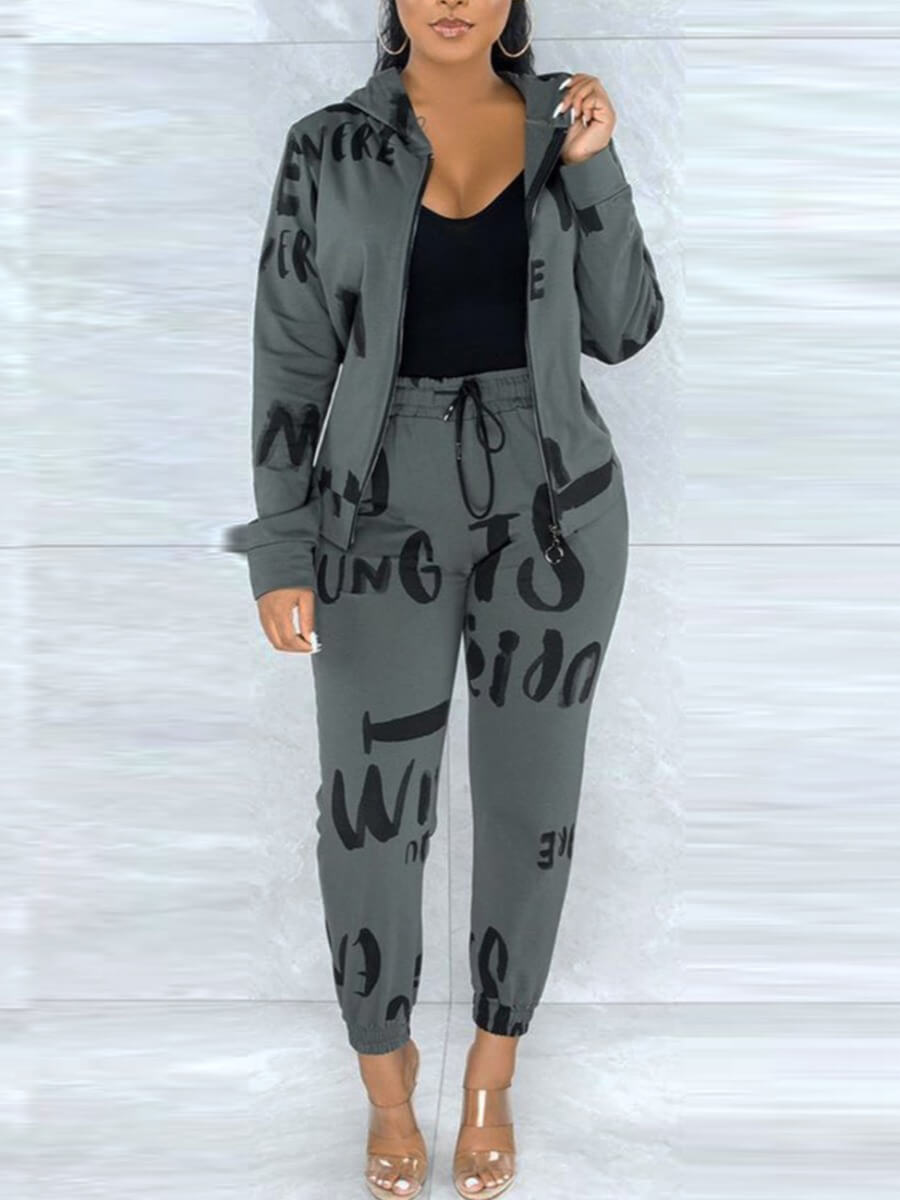 

Lovely Casual Hooded Collar Letter Print Grey Two Piece Pants Set