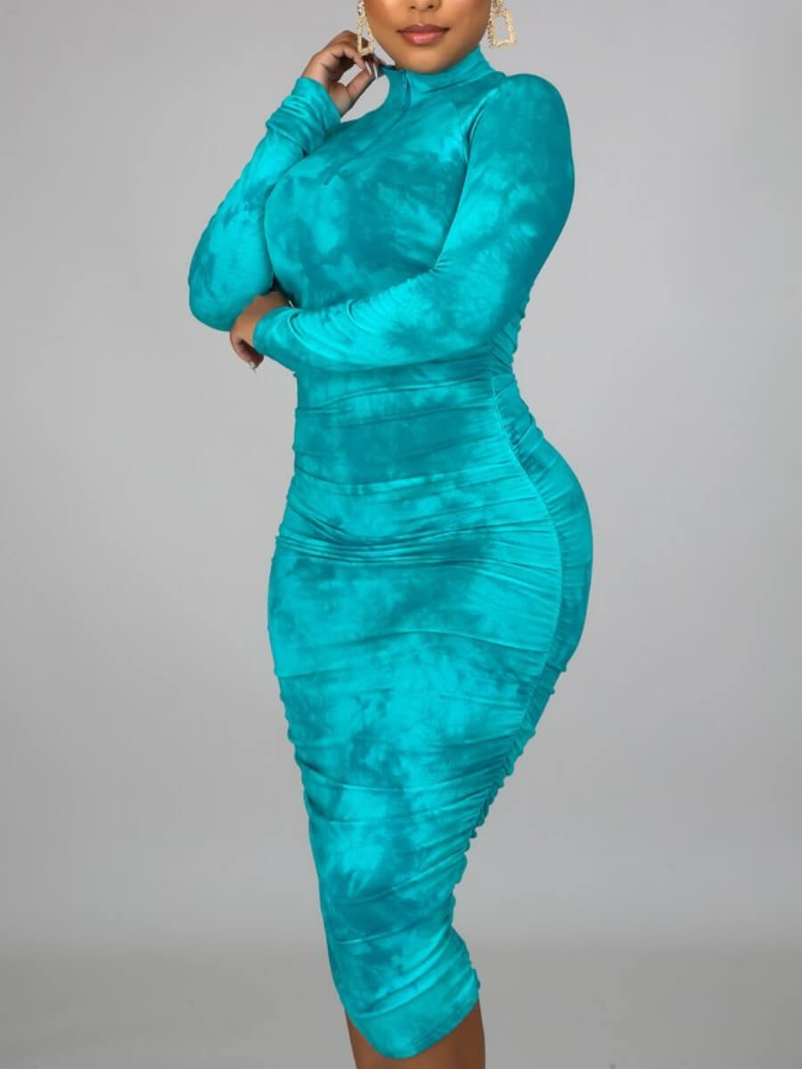 

Lovely Stylish Turtleneck Tie-dye Blue Mid Calf Plus Size Dress