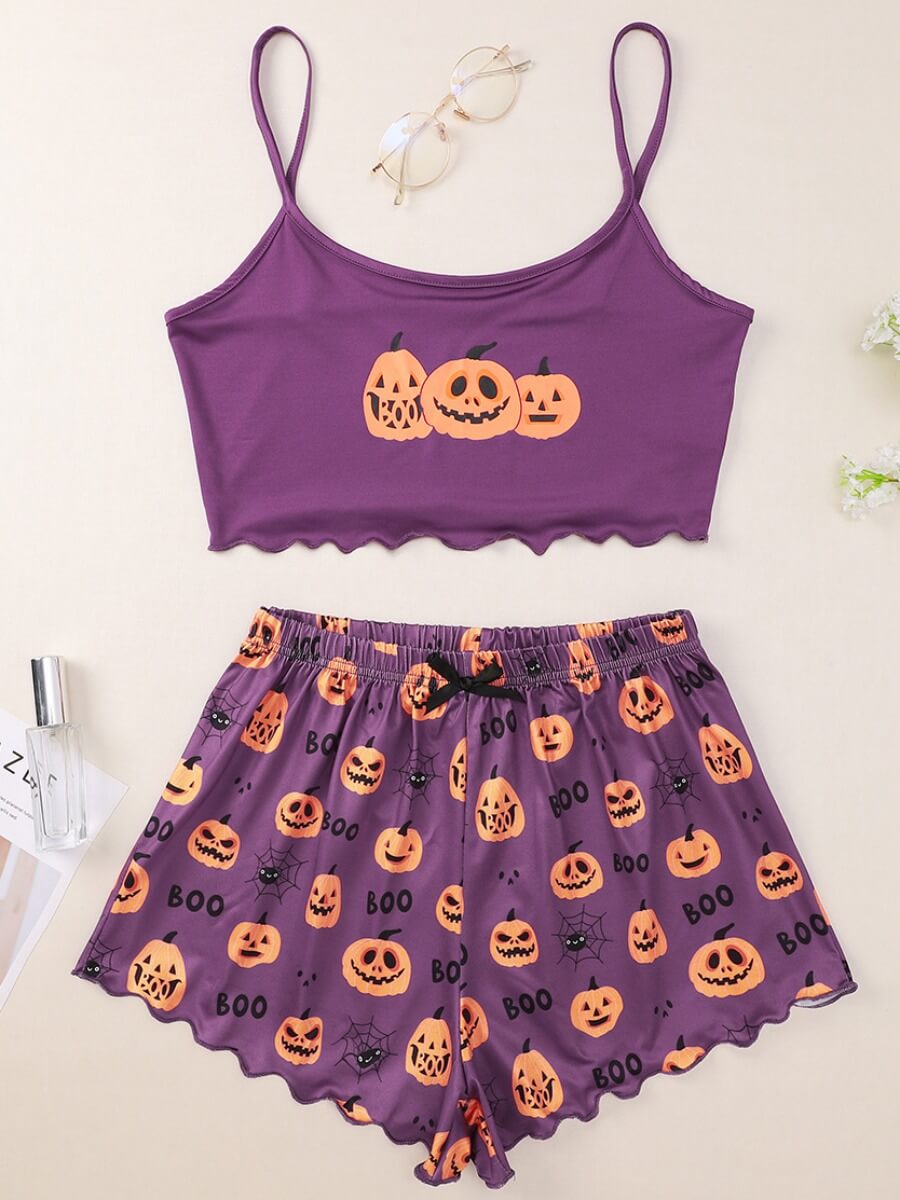 

Lovely Sweet Spaghetti Strap Cartoon Print Purple Sleepwear
