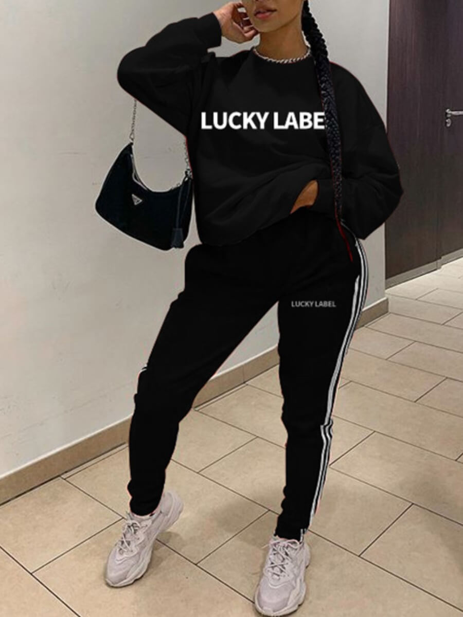

Lovely Sportswear O Neck Letter Print Black Two Piece Pants Set