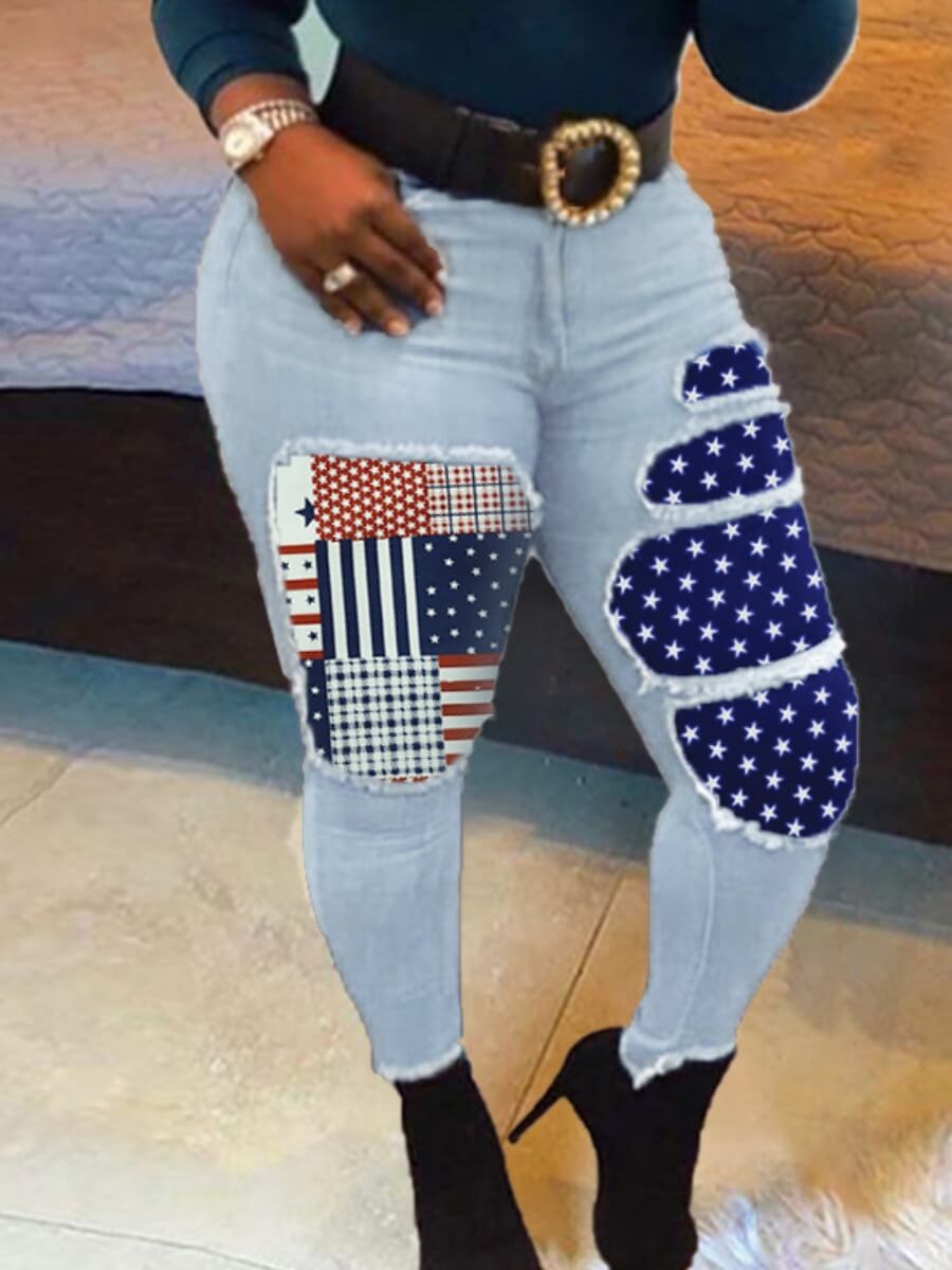 

Lovely Street Print Patchwork Baby Blue Jeans