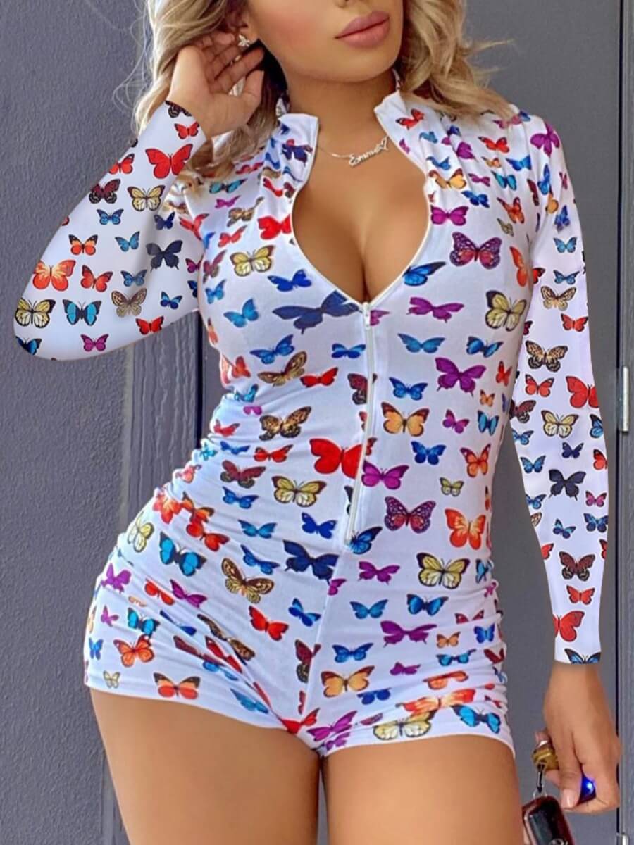 

Lovely Leisure Butterfly Print Zipper Design White One-piece Romper
