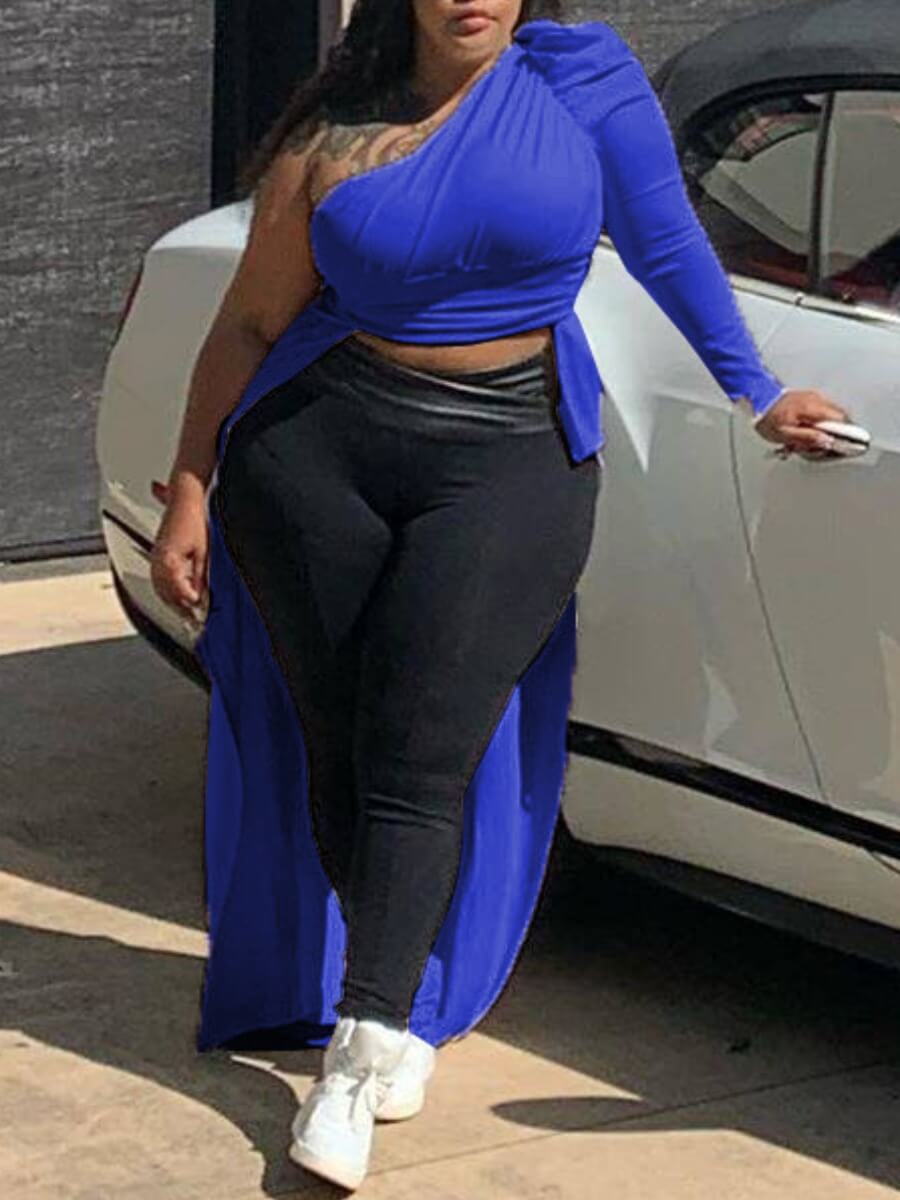

Lovely Stylish One Shoulder Asymmetrical Blue Plus Size T-shirt