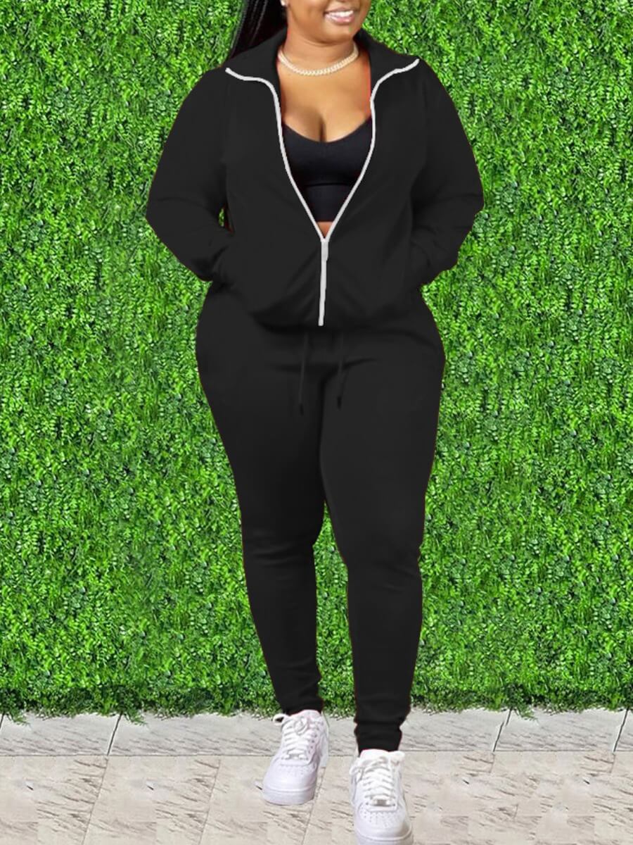 

Lovely Casual Turndown Collar Zipper Design Black Two Piece Pants Set