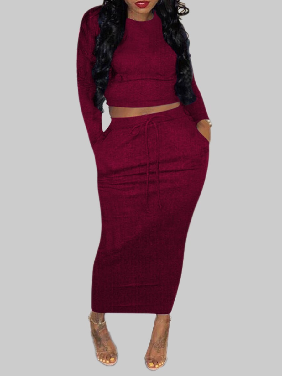 

Lovely Casual O Neck Skinny Wine Red Plus Size Two-piece Skirt Set