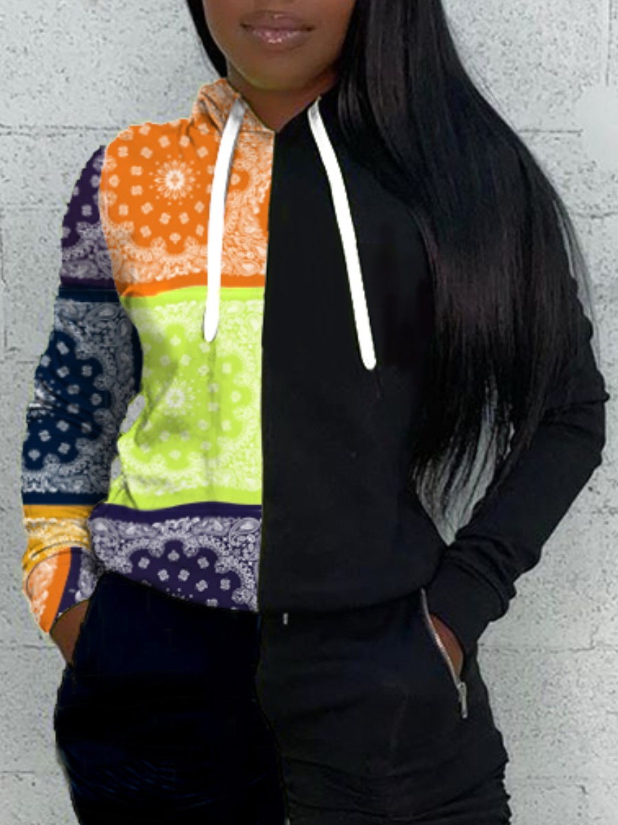 

Lovely Casual Hooded Collar Print Patchwork Orange Hoodie