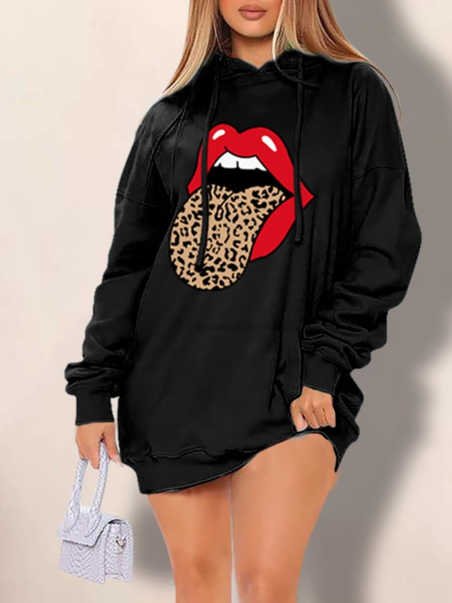 

LW Hooded Collar Lip Print Sweat Dress, Black