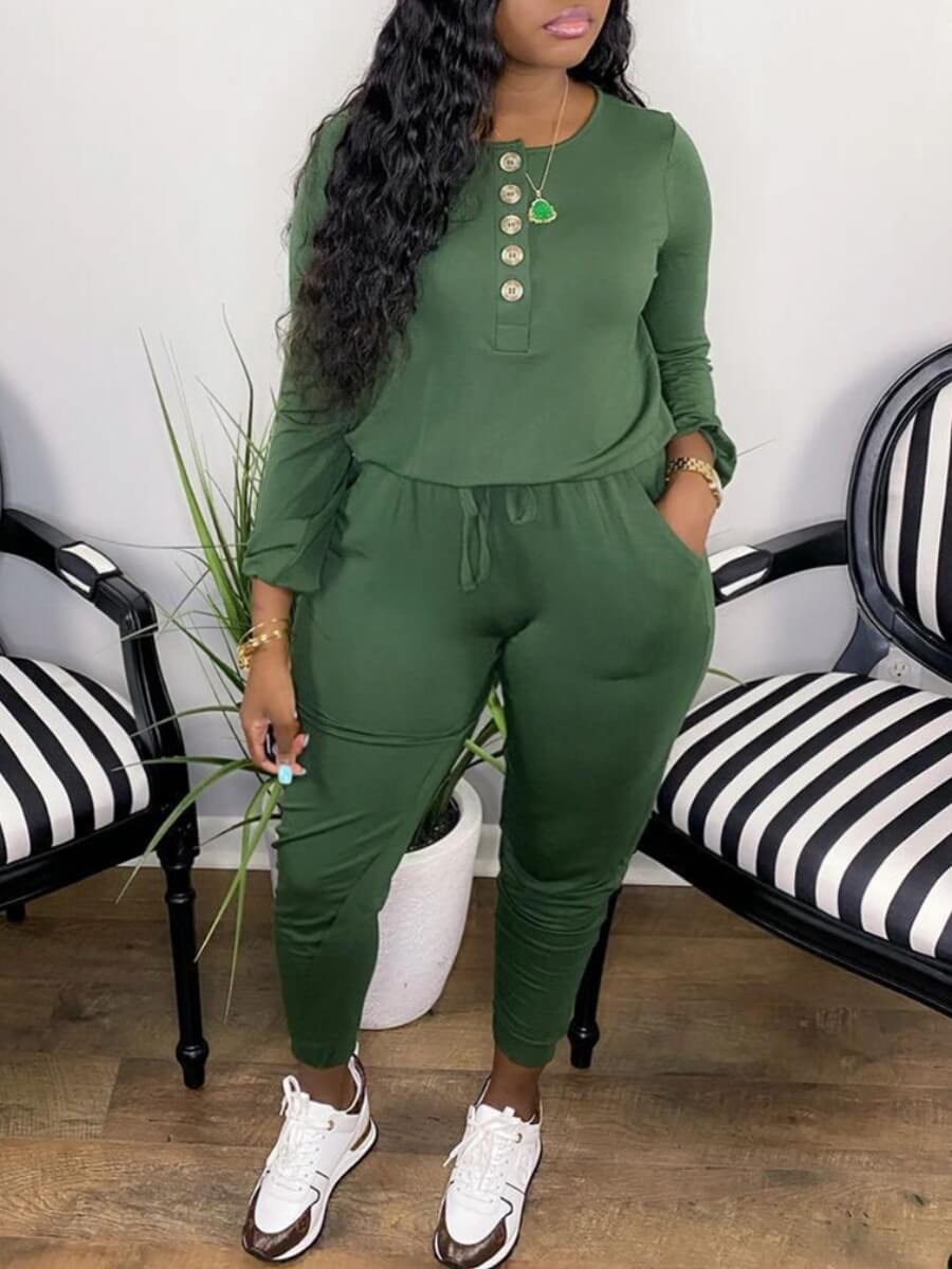 

Lovely Casual O Neck Buttons Design Green Plus Size One-piece Jumpsuit