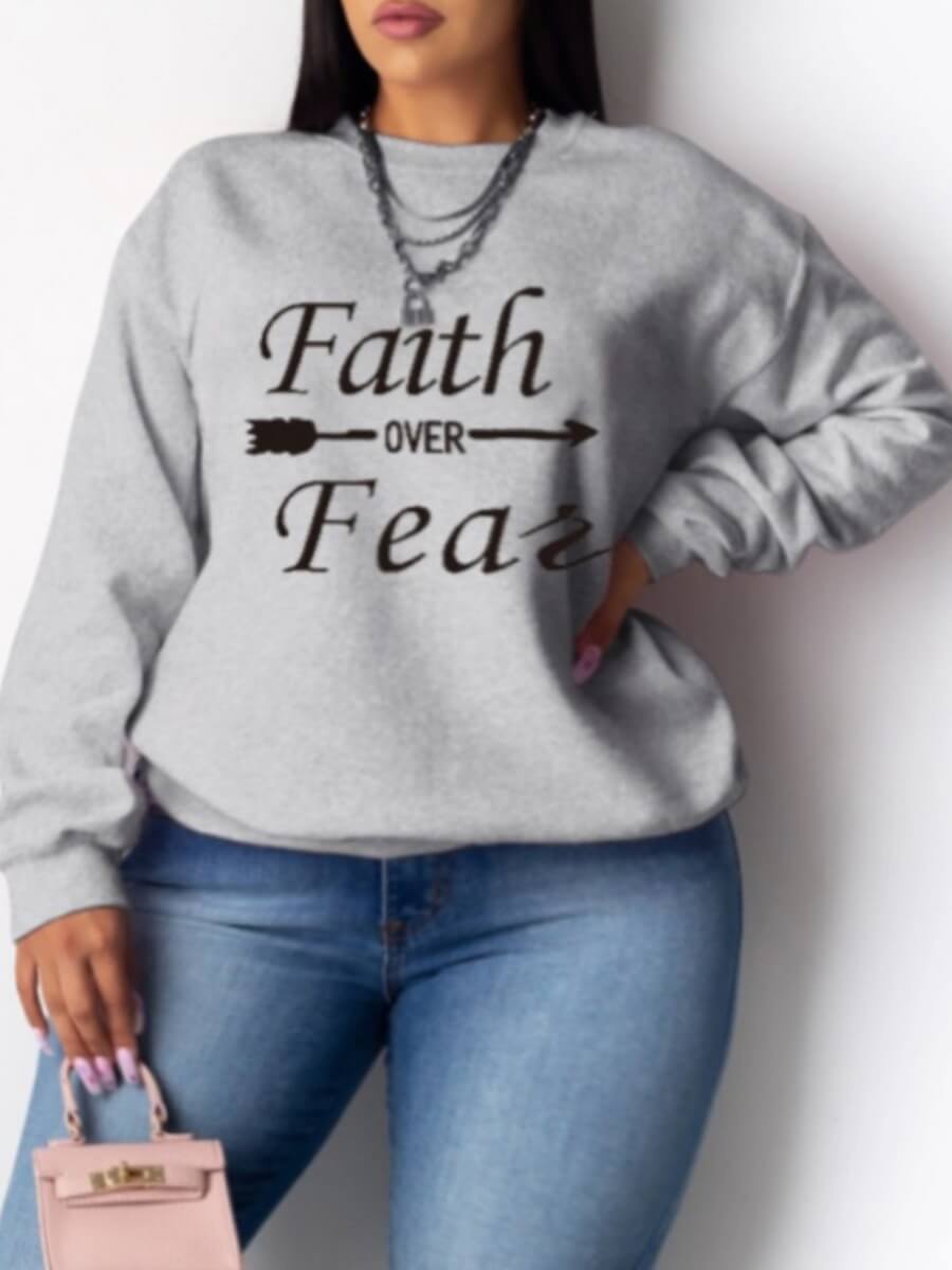 LovelyWholesale Plus Size Arrow Faith Letter Print Sweatshirt Fall Three Quarter Casual Basic Round Neck  3X Spring Summer 2024