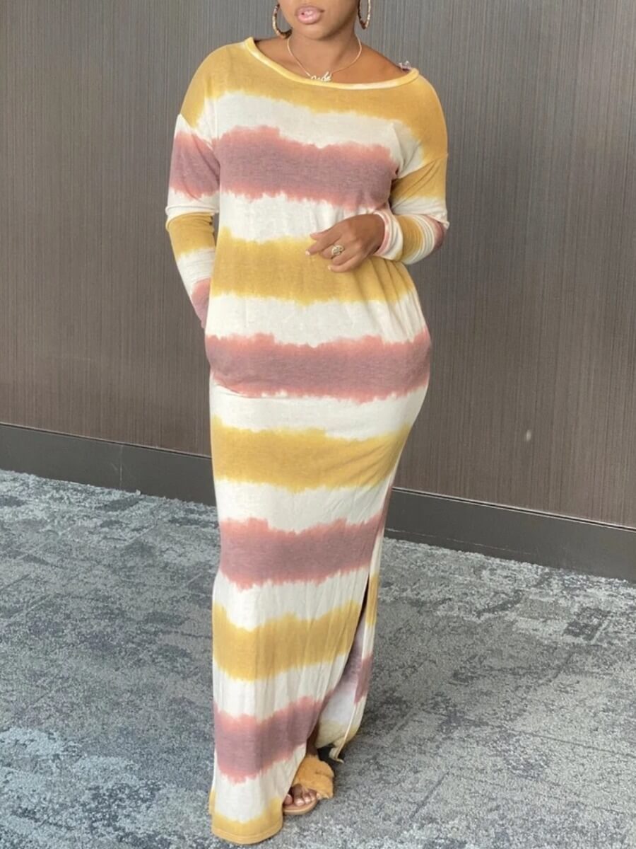 

Lovely Casual O Neck Tie-dye Yellow Maxi Dress